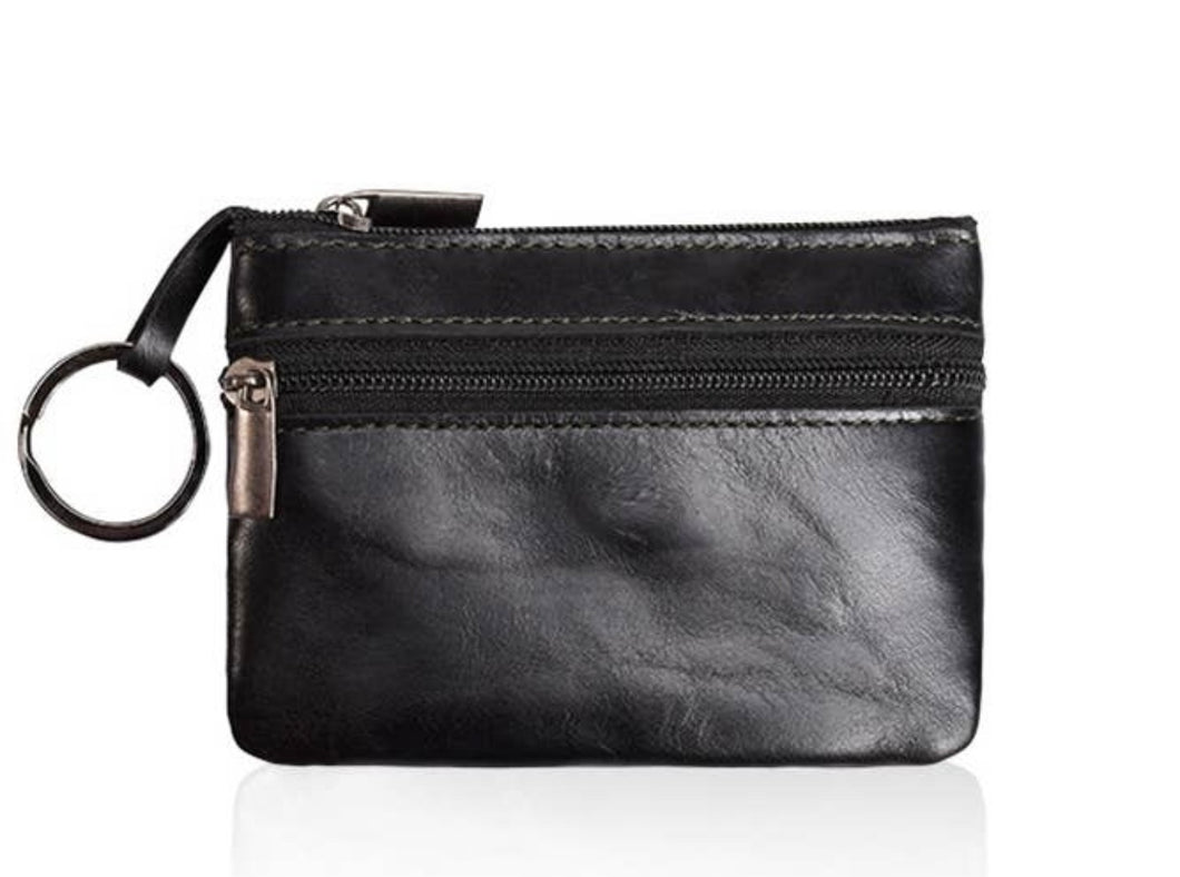 Leather zipper card wallet keychain-Black