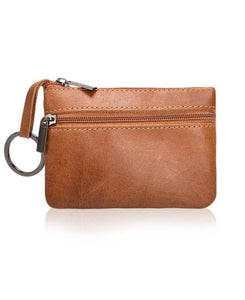 Leather zipper card wallet keychain-Caramel